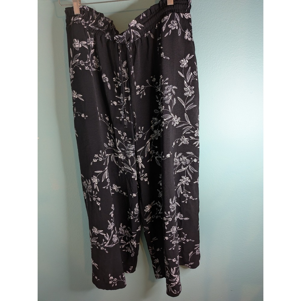 Bestbee Womens 2XL Black White Floral Wide Leg Drawstring Elastic Waist Pants